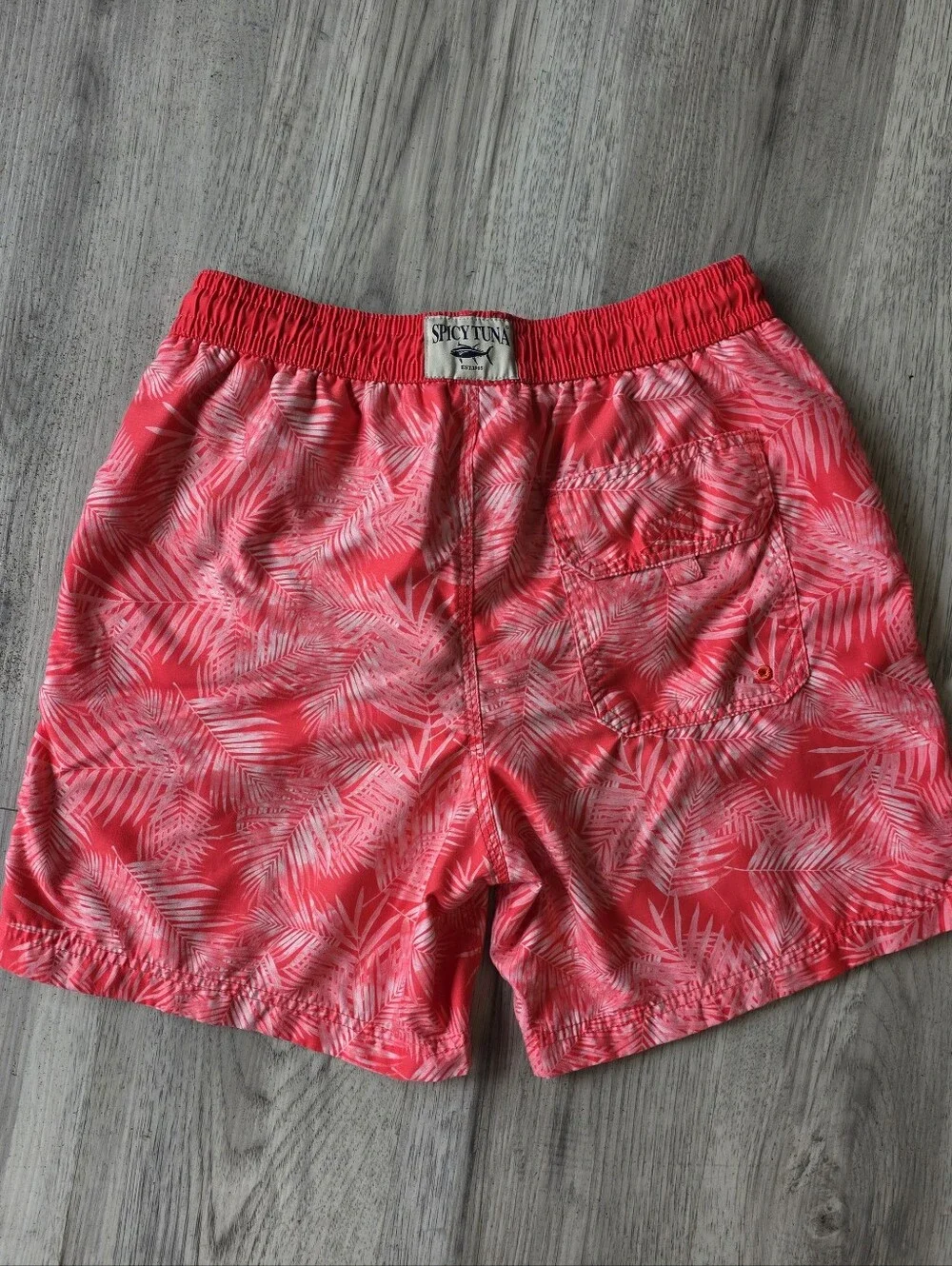 Spicy Tuna Men’s Small Pink Palm Leaf Swim Trunks 6” Inseam Lined Beach Shorts